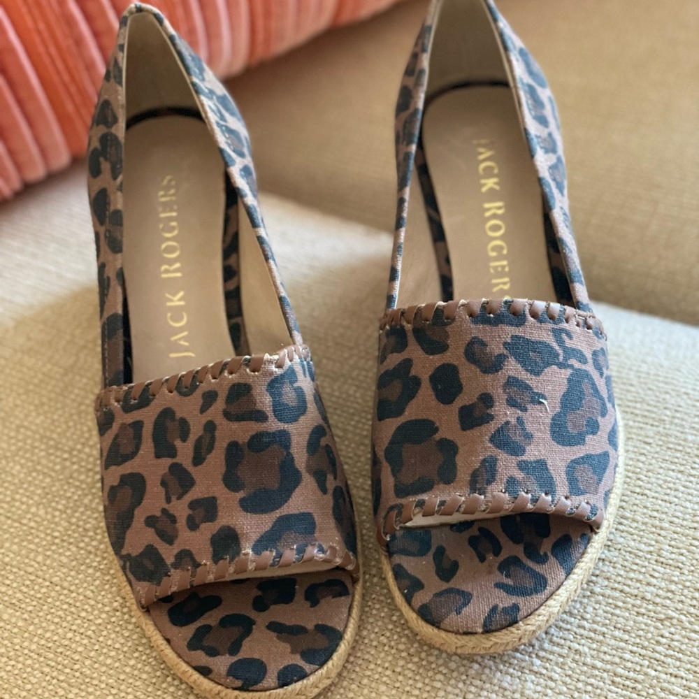 Jack Rogers-Women Animal Print Slip On Wedge, Sandal, Beige/Black